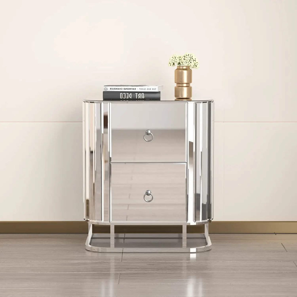 Mirrored Accent Table with 2 Drawers and Stainless Steel Frame