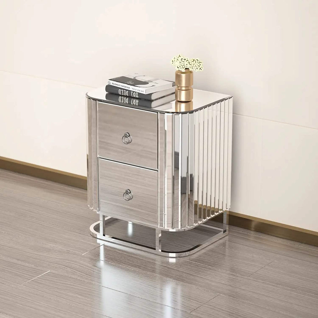 Mirrored Accent Table with 2 Drawers and Stainless Steel Frame