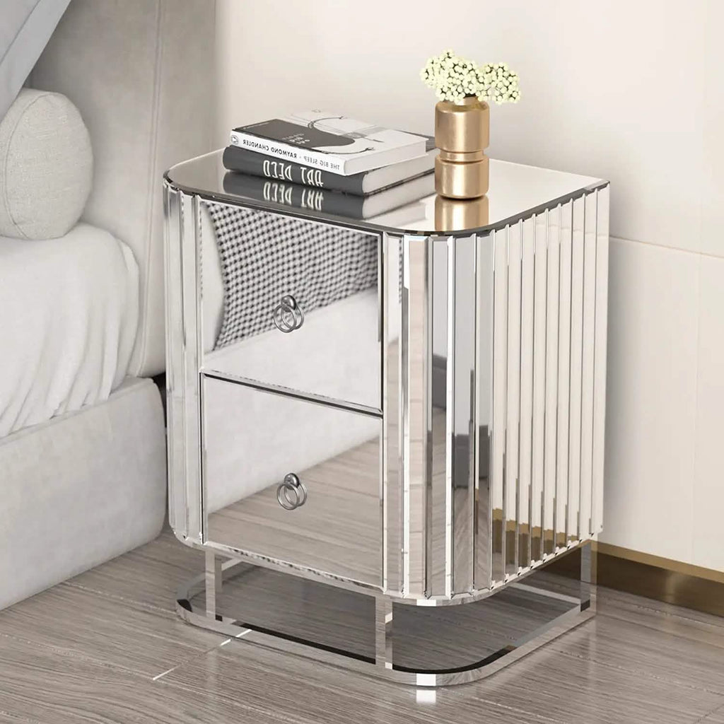 Mirrored Accent Table with 2 Drawers and Stainless Steel Frame