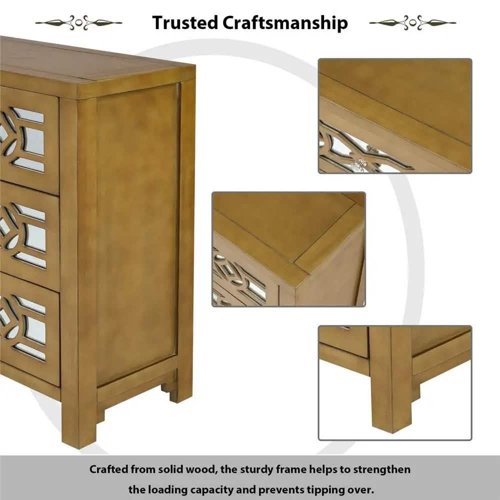Mirrored Carved Pattern Modern Gold Finish Bedroom Nightstand