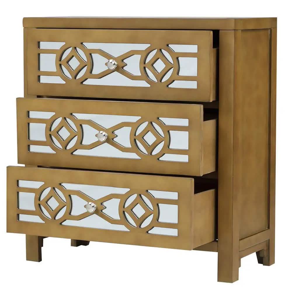 Mirrored Carved Pattern Modern Gold Finish Bedroom Nightstand