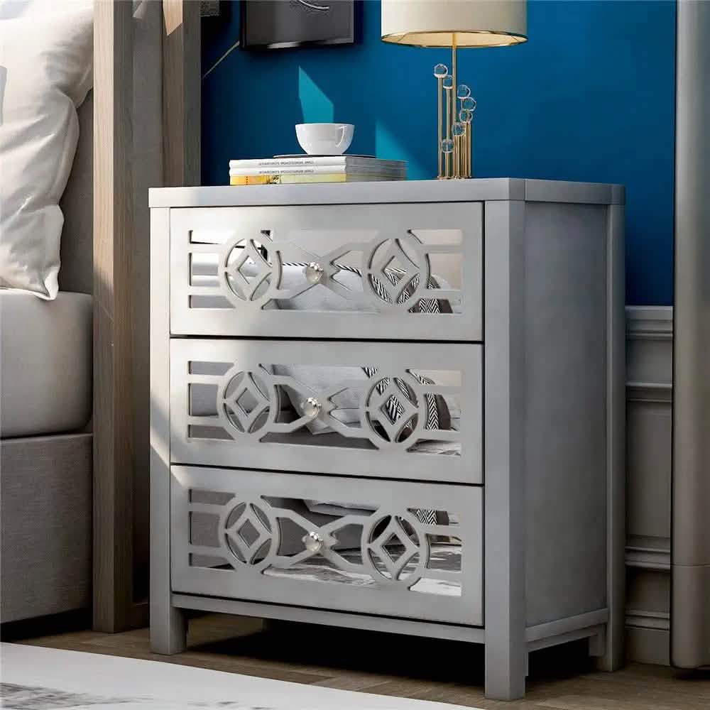 Mirrored Carved Pattern Modern Gold Finish Bedroom Nightstand
