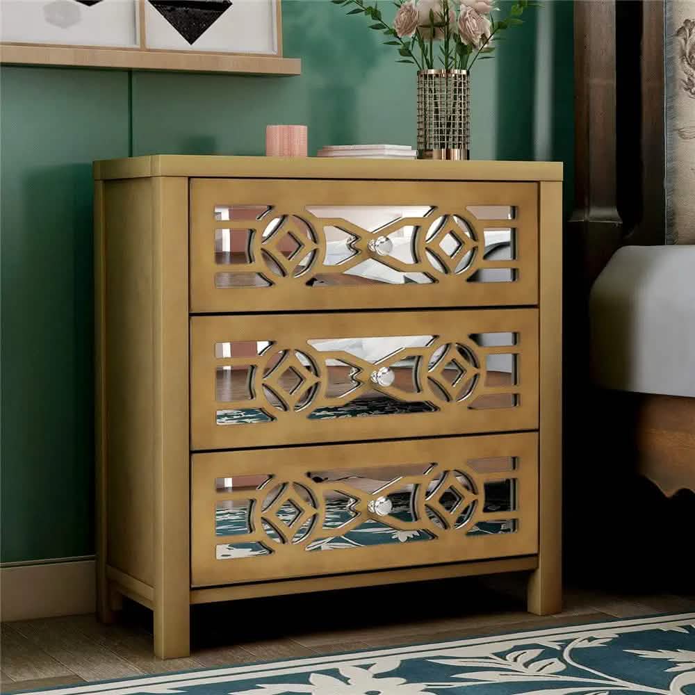 Mirrored Carved Pattern Modern Gold Finish Bedroom Nightstand