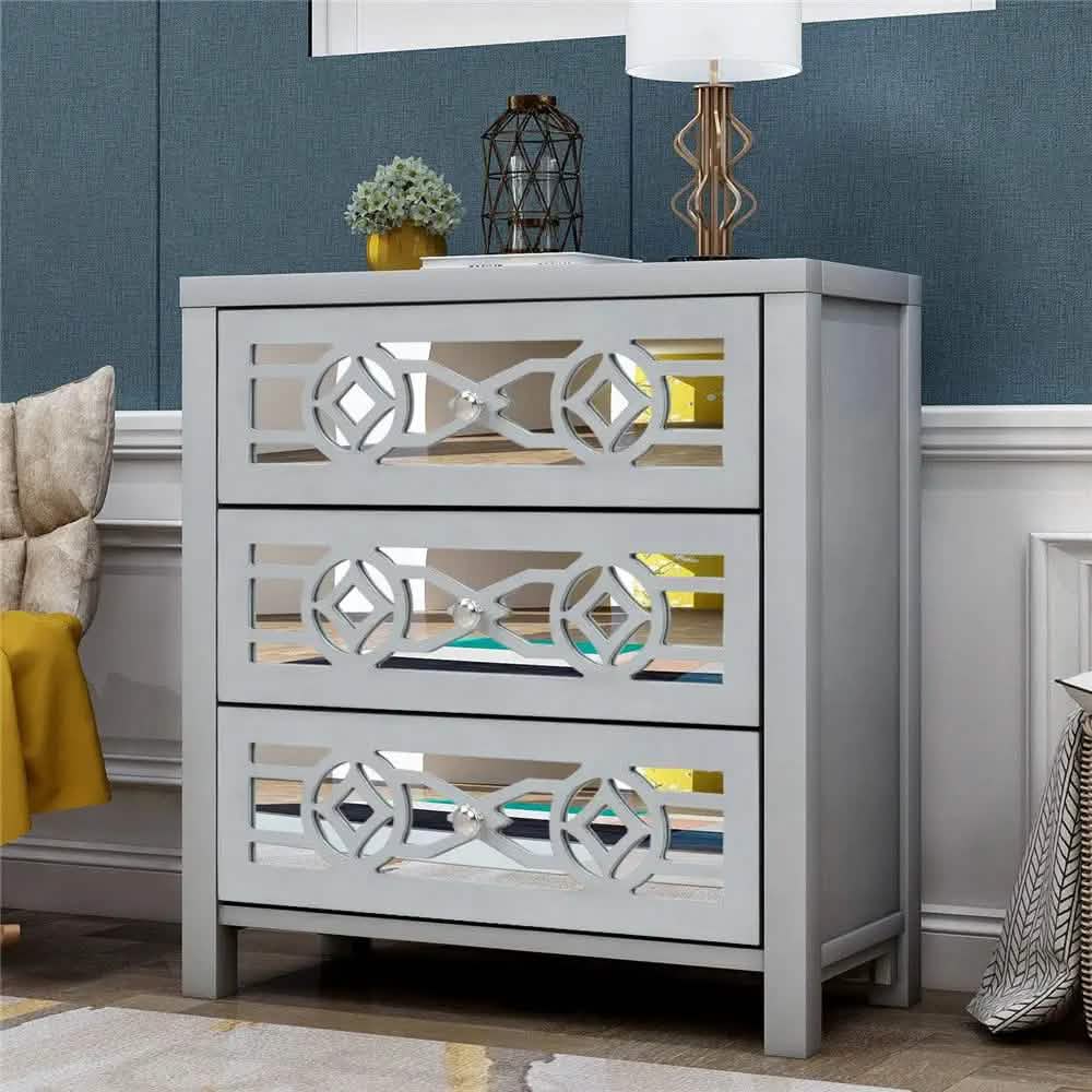 Mirrored Carved Pattern Modern Gold Finish Bedroom Nightstand