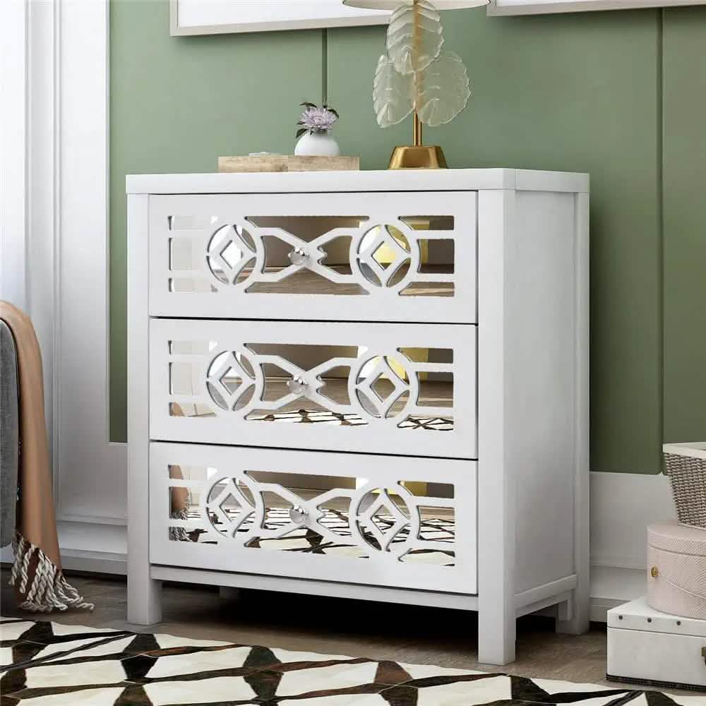 Mirrored Carved Pattern Modern Gold Finish Bedroom Nightstand