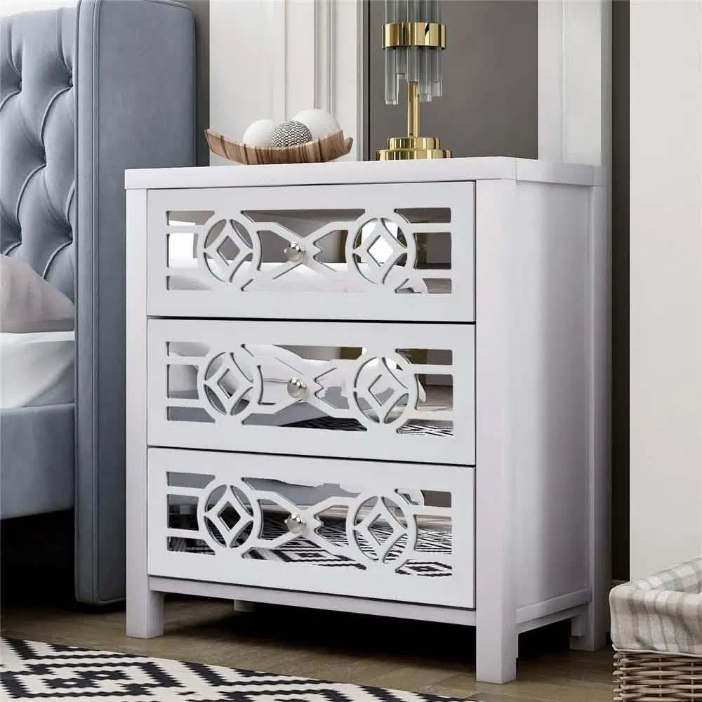 Mirrored Carved Pattern Modern Gold Finish Bedroom Nightstand