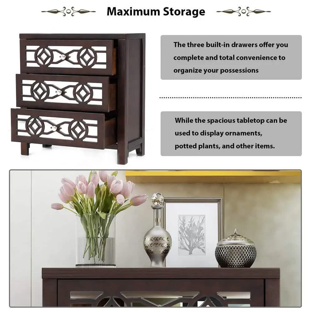 Mirrored Carved Pattern Modern Gold Finish Bedroom Nightstand