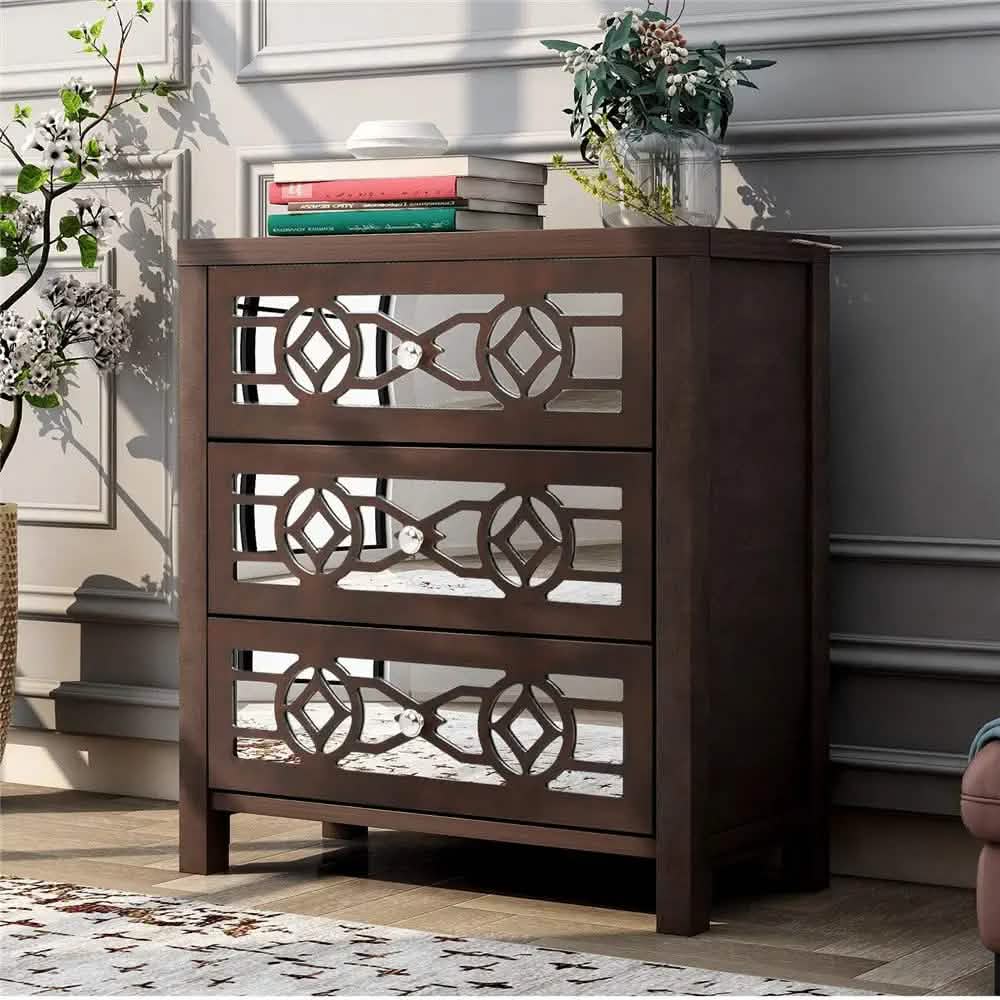 Mirrored Carved Pattern Modern Gold Finish Bedroom Nightstand