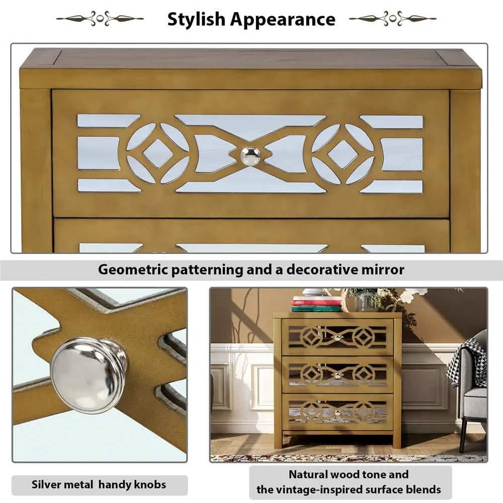 Mirrored Carved Pattern Modern Gold Finish Bedroom Nightstand