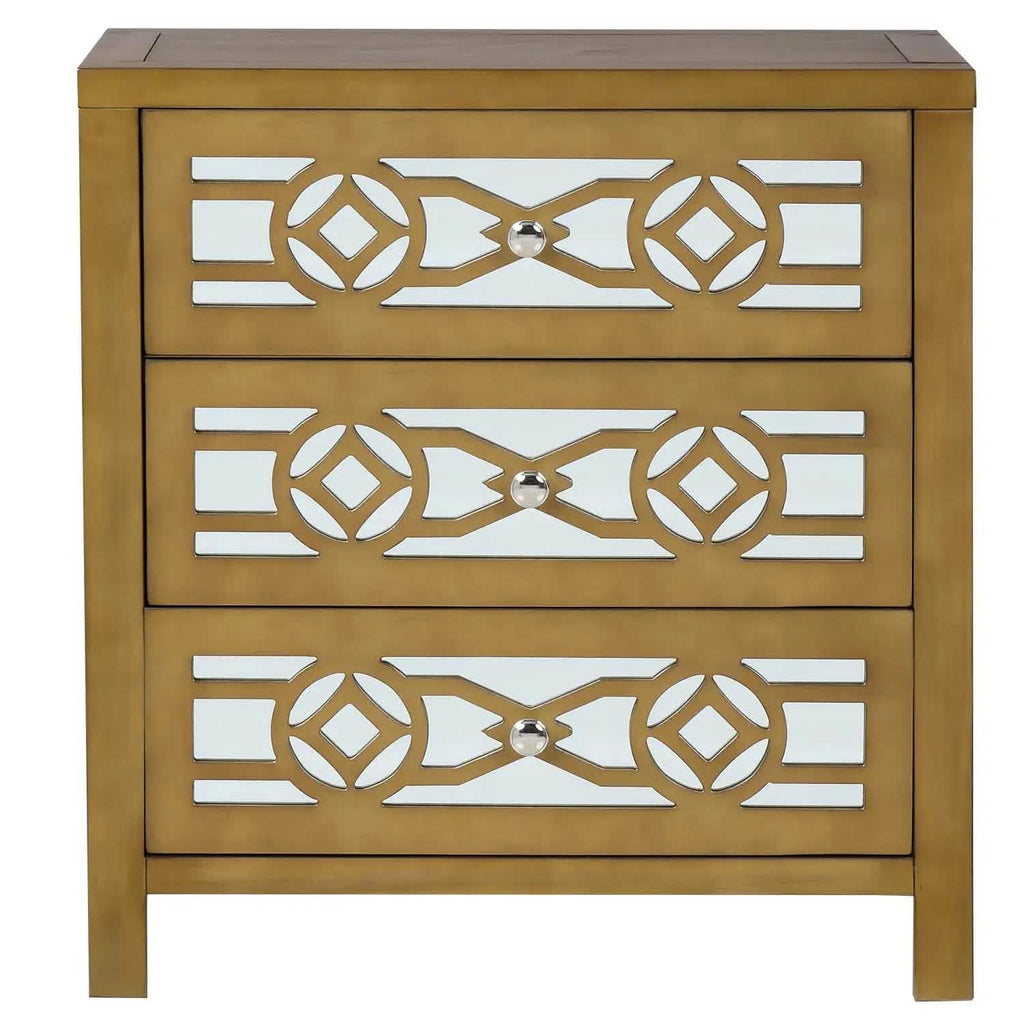 Mirrored Carved Pattern Modern Gold Finish Bedroom Nightstand
