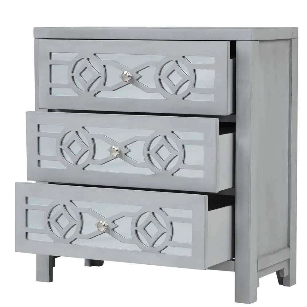 Mirrored Carved Pattern Modern Gold Finish Bedroom Nightstand