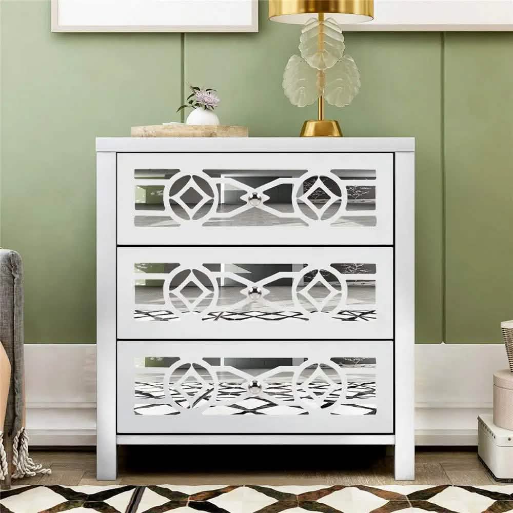 Mirrored Carved Pattern Modern Gold Finish Bedroom Nightstand