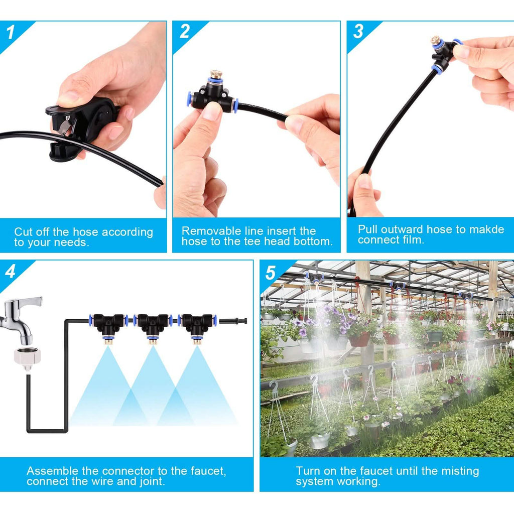 Mist Cooling System 26Ft Line + 10 T-Joint Nozzles Water Sprayer