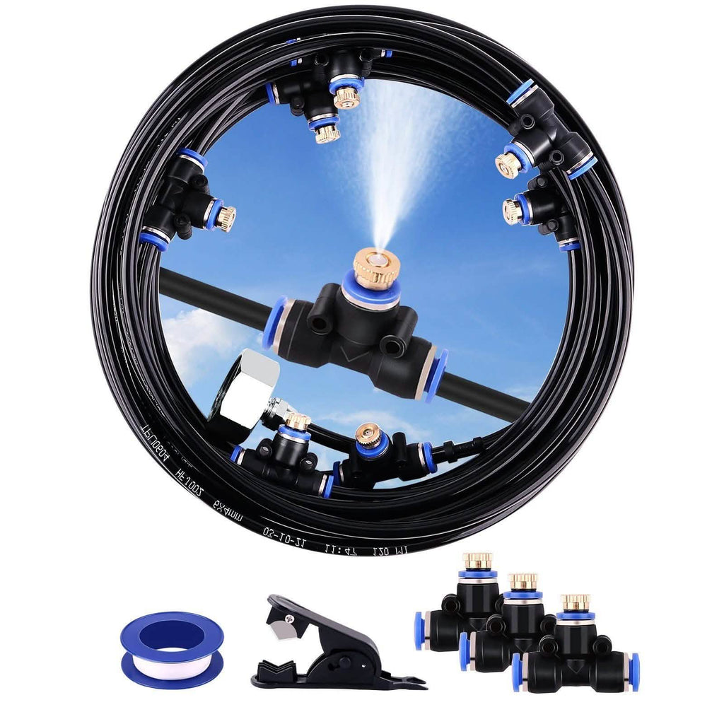 Mist Cooling System 26Ft Line + 10 T-Joint Nozzles Water Sprayer