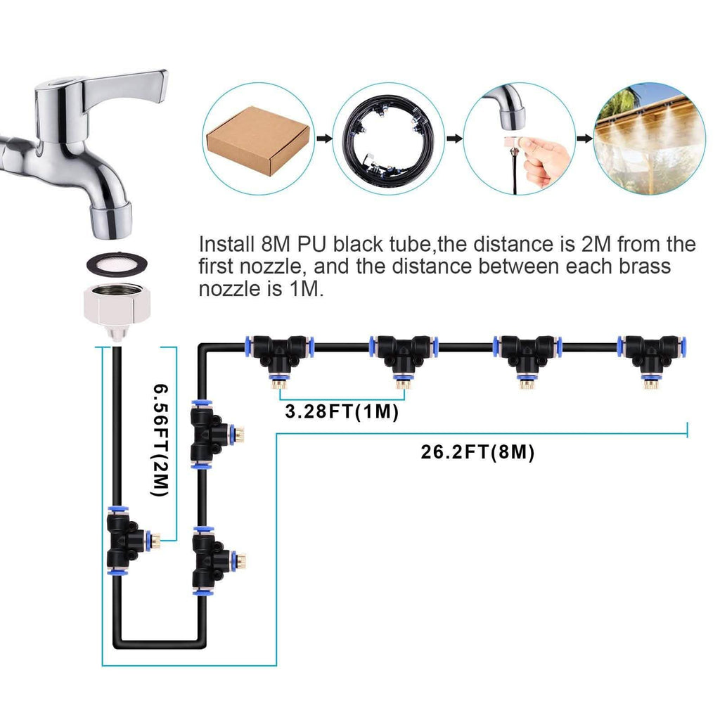 Mist Cooling System 26Ft Line + 10 T-Joint Nozzles Water Sprayer