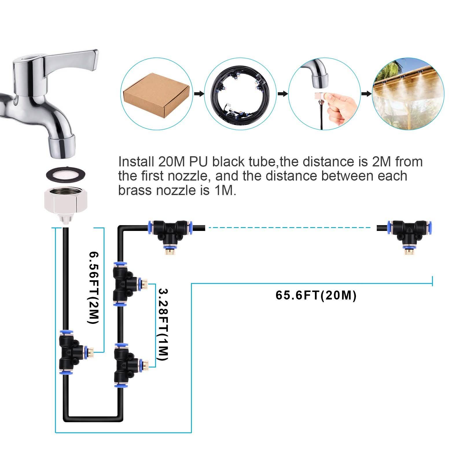 Misting Cooling System 65.6Ft Hose Line + 23 T-Joint Nozzles Water Sprayer