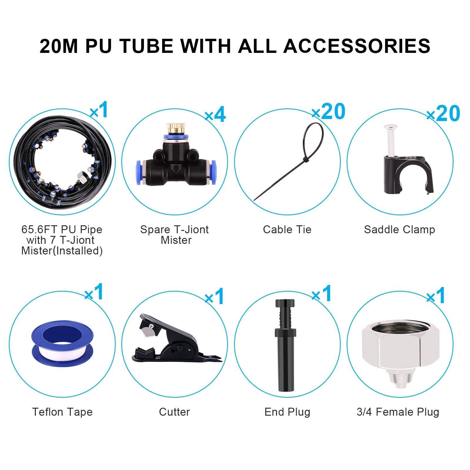 Misting Cooling System 65.6Ft Hose Line + 23 T-Joint Nozzles Water Sprayer