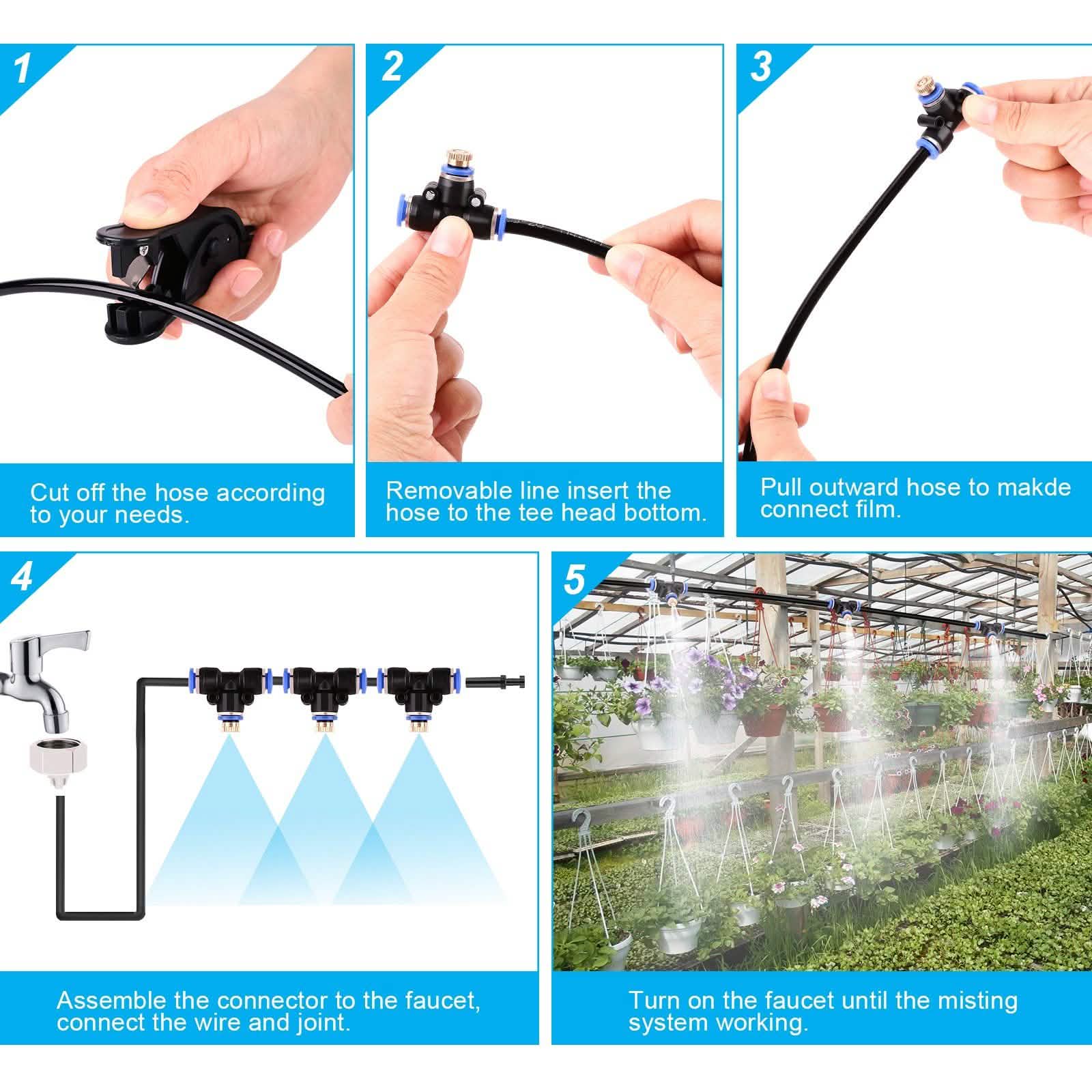 Misting Cooling System 65.6Ft Hose Line + 23 T-Joint Nozzles Water Sprayer