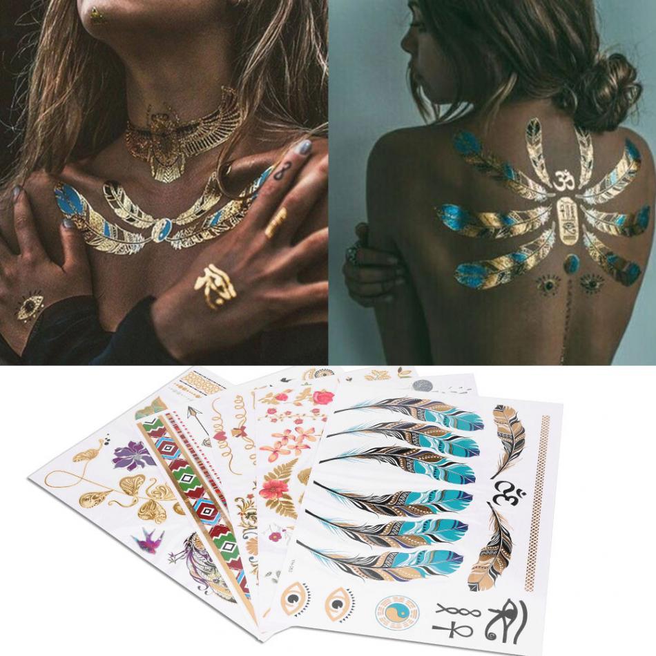 Mixed Colorful Metallic Flash Womens Tattoos Sticker Golden Silver Waterproof Temporary Disposable Tattoo
