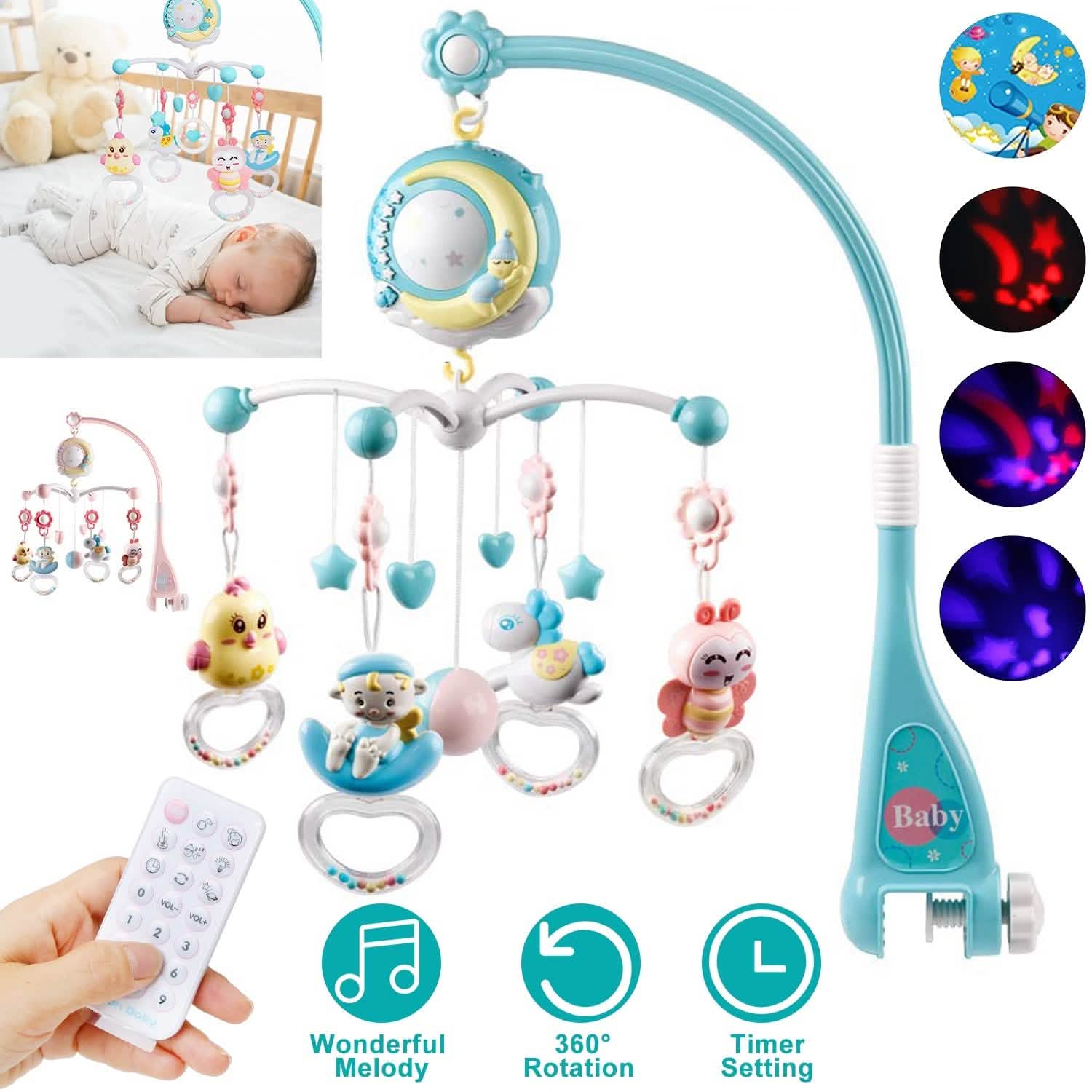 Mobile Star Projection Nursery Light Baby Rattle Toy with Music Box Remote Control