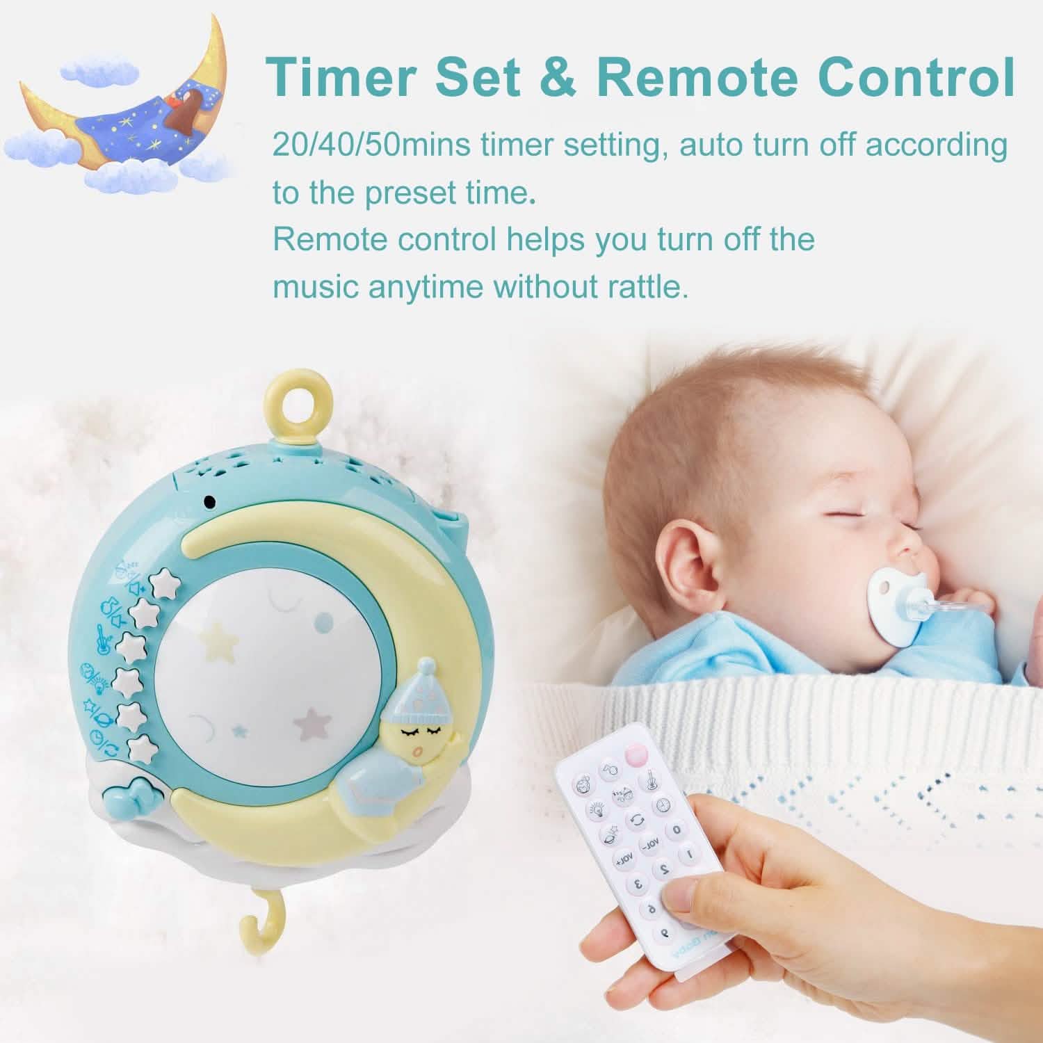 Mobile Star Projection Nursery Light Baby Rattle Toy with Music Box Remote Control