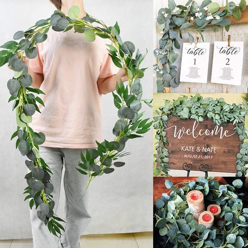 Modern Artificial Green Eucalyptus Leaves Garland Wisteria Rattan Fake Decor Silk Leaf Vines For Wedding Birthday Party Decor