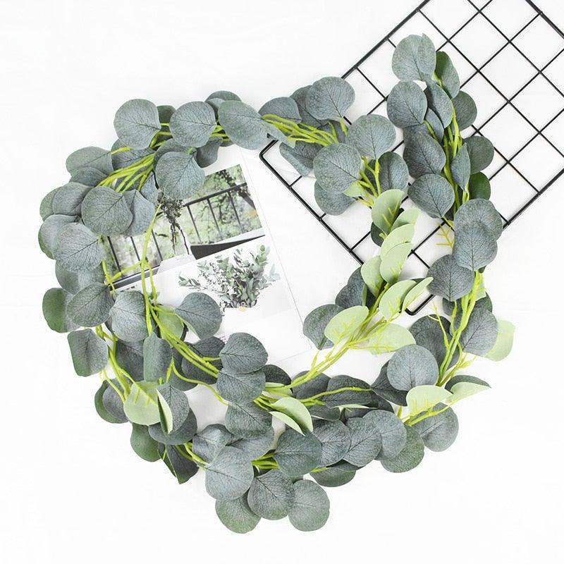 Modern Artificial Green Eucalyptus Leaves Garland Wisteria Rattan Fake Decor Silk Leaf Vines For Wedding Birthday Party Decor