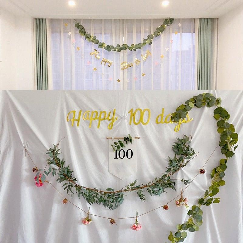 Modern Artificial Green Eucalyptus Leaves Garland Wisteria Rattan Fake Decor Silk Leaf Vines For Wedding Birthday Party Decor