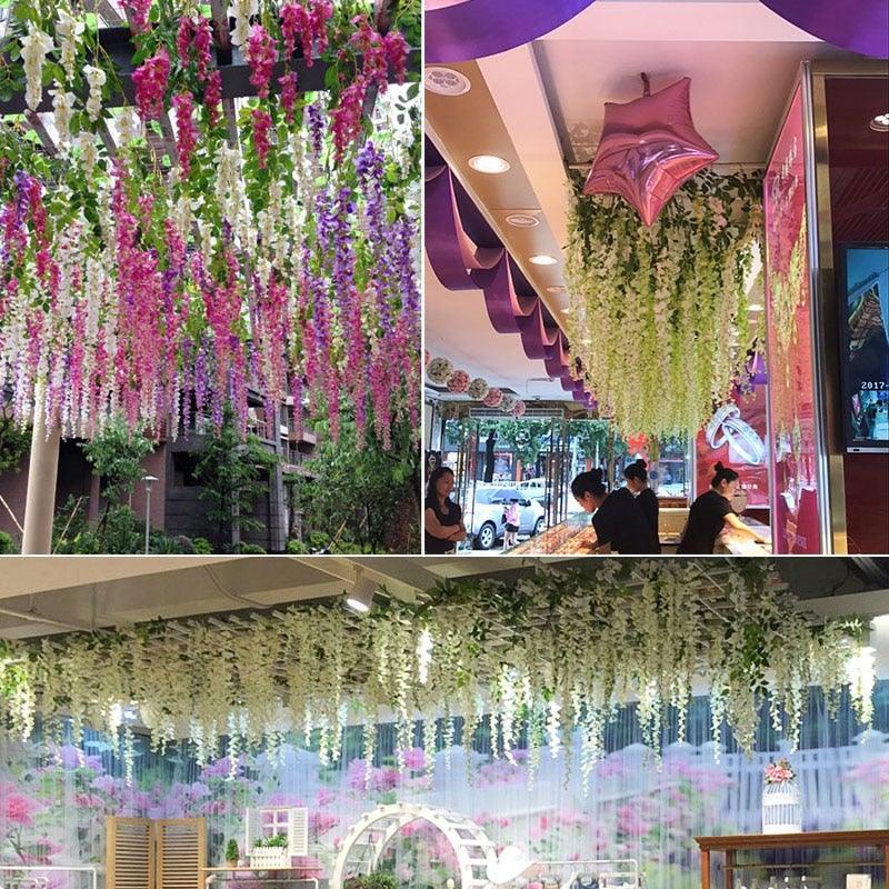 Modern Artificial Green Eucalyptus Leaves Garland Wisteria Rattan Fake Decor Silk Leaf Vines For Wedding Birthday Party Decor