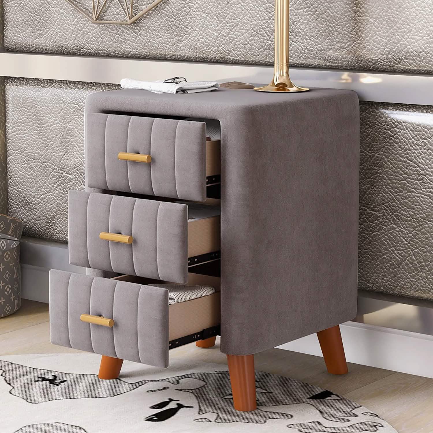 Modern Bedside Velvet Upholstered 3-Drawer Nightstand with Metal Handles