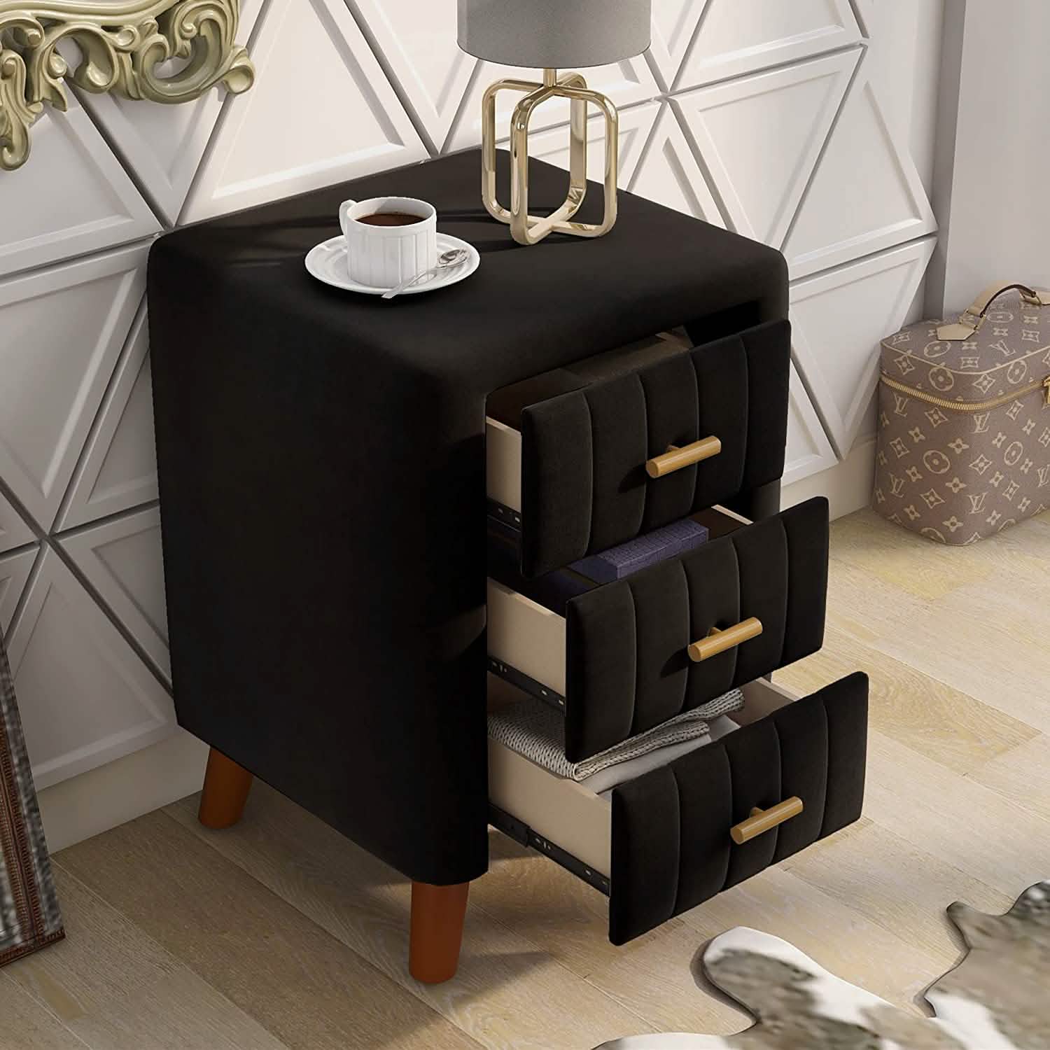 Modern Bedside Velvet Upholstered 3-Drawer Nightstand with Metal Handles