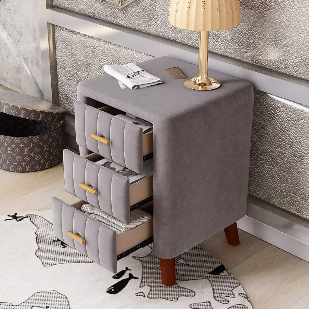 Modern Bedside Velvet Upholstered 3-Drawer Nightstand with Metal Handles
