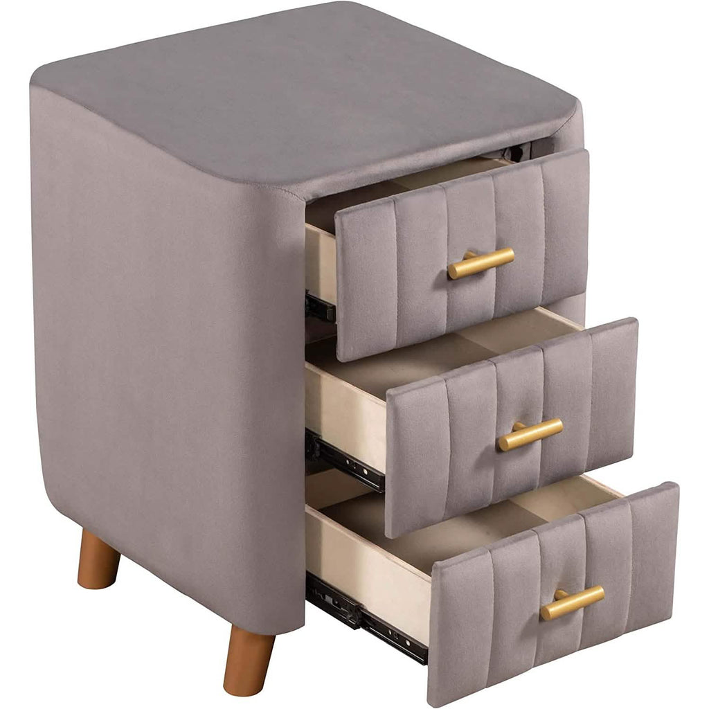 Modern Bedside Velvet Upholstered 3-Drawer Nightstand with Metal Handles