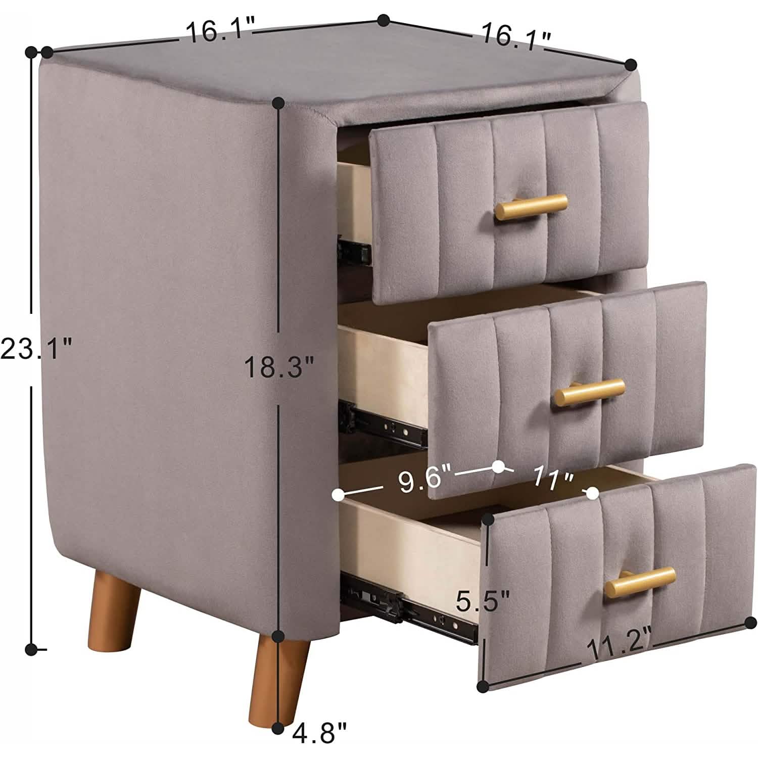 Modern Bedside Velvet Upholstered 3-Drawer Nightstand with Metal Handles