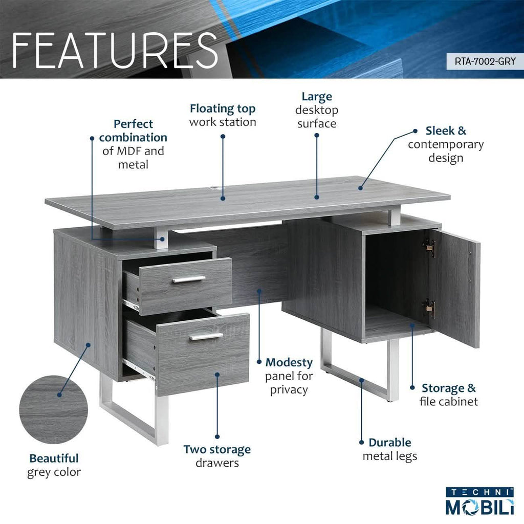 Modern Gray Office Desk with Storage