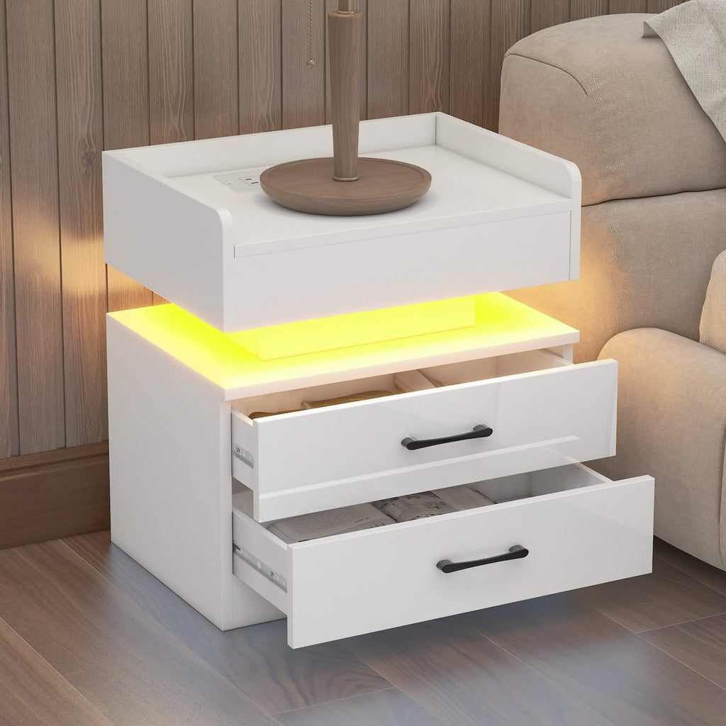 Modern Night Stand with LED Lights and Charging Station