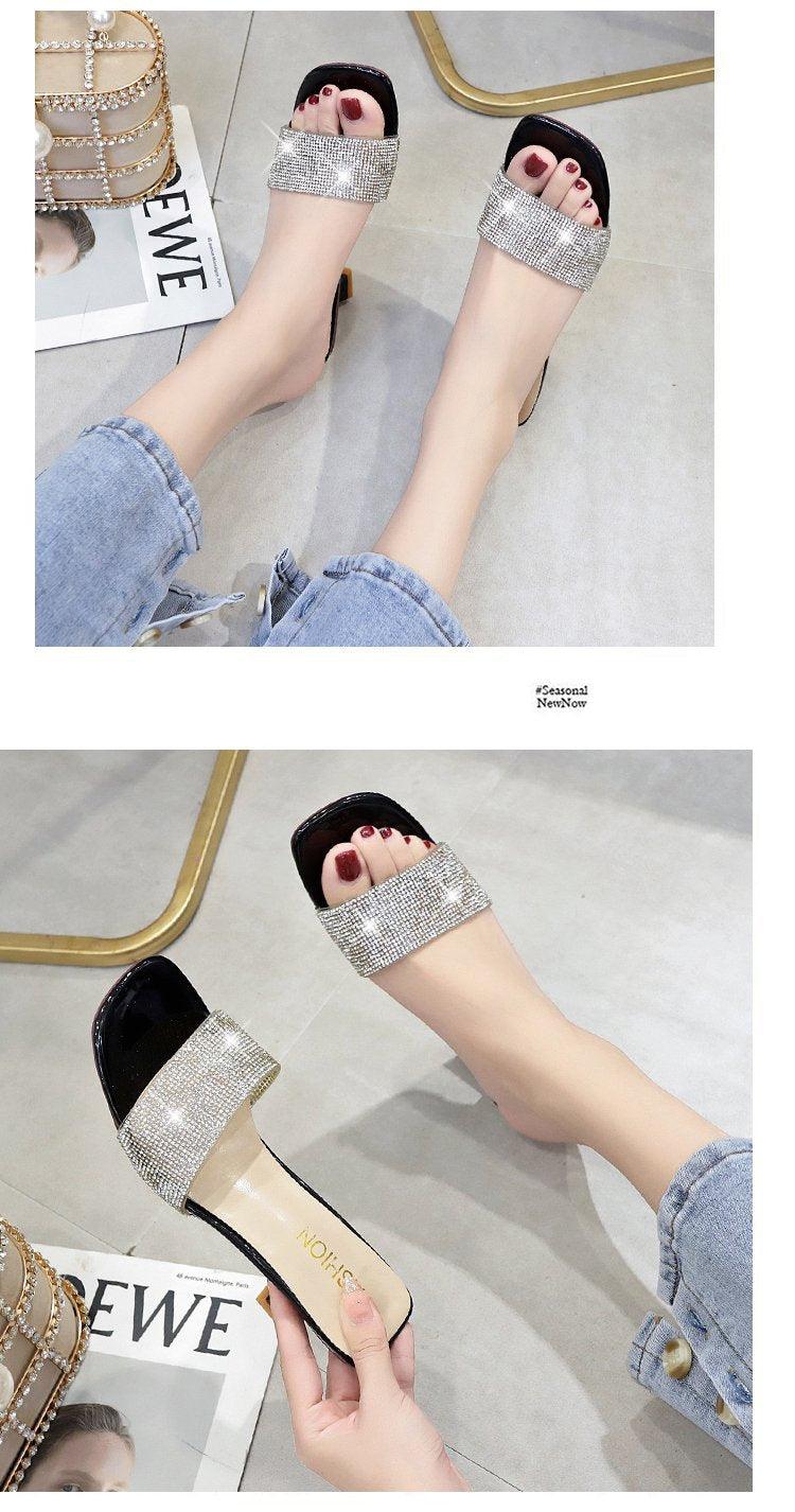 Modern Woman Black Bright Diamond Sandals Open Toe High Heels Women Slippers Party Dress Shoes Sandals Heels For Women Ankle Strap Low Block Heel Cute Dressy Sandals