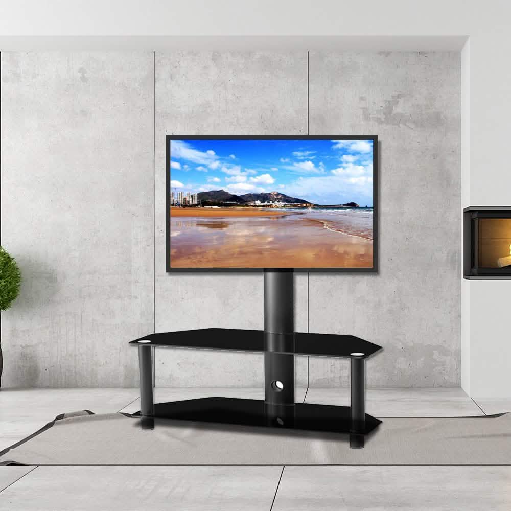 Multi-Function Angle and Height Adjustable Tempered Glass Metal Frame Floor TV Stand