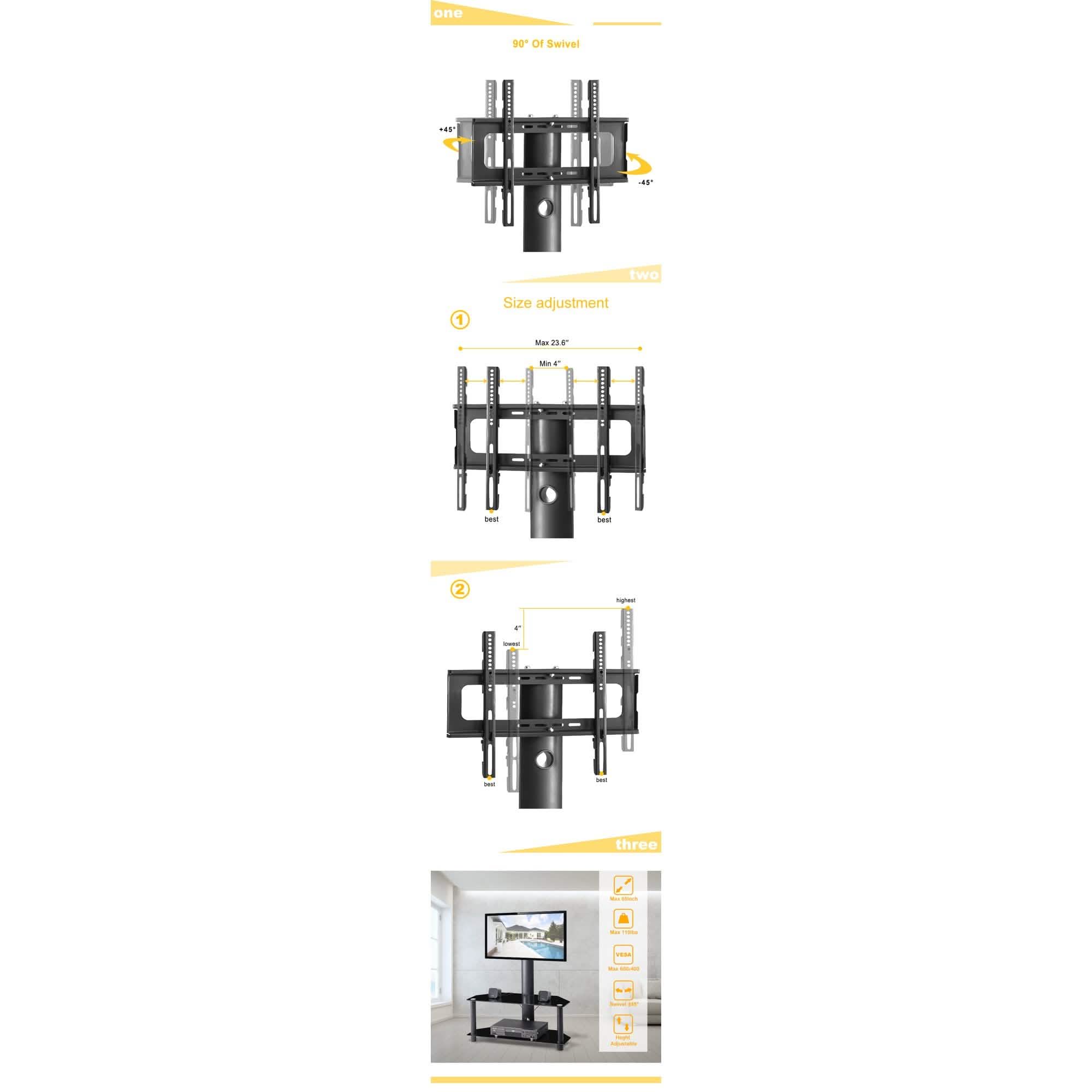 Multi-Function Angle and Height Adjustable Tempered Glass Metal Frame Floor TV Stand
