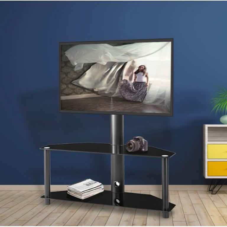 Multi-Function Angle and Height Adjustable Tempered Glass Metal Frame Floor TV Stand