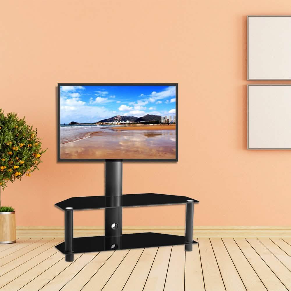 Multi-Function Angle and Height Adjustable Tempered Glass Metal Frame Floor TV Stand