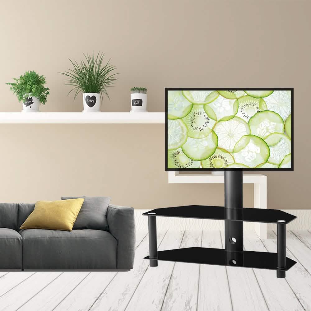 Multi-Function Angle and Height Adjustable Tempered Glass Metal Frame Floor TV Stand
