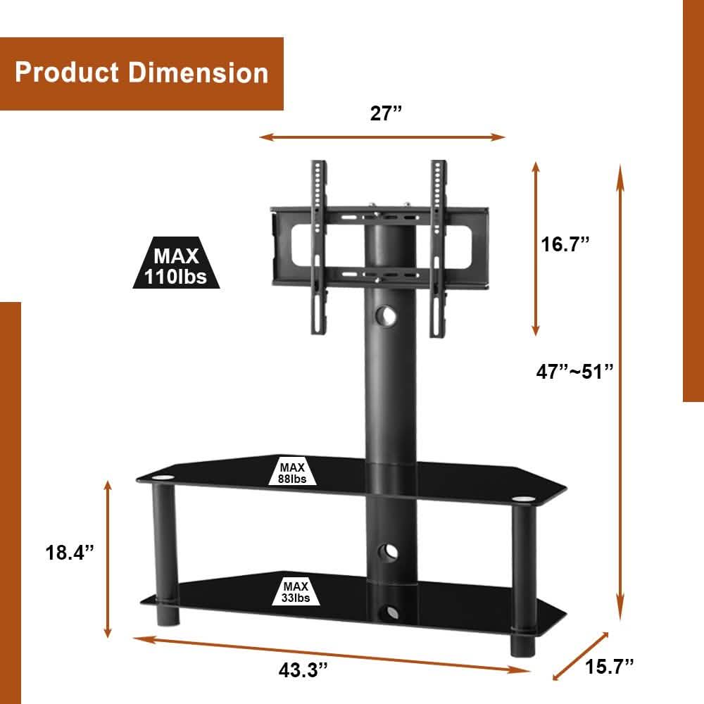 Multi-Function Angle and Height Adjustable Tempered Glass Metal Frame Floor TV Stand