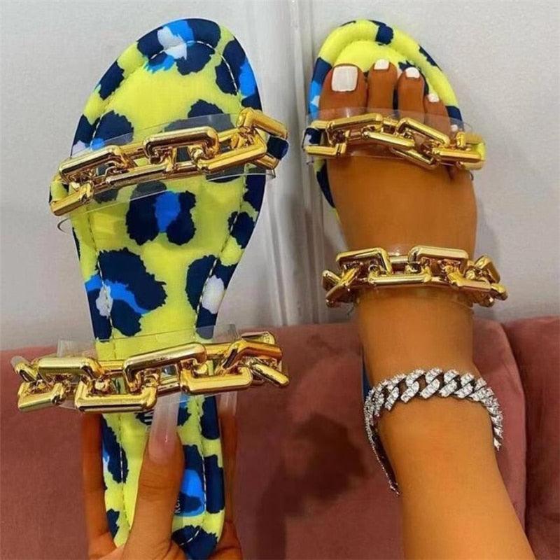 Multicolor Flat Slippers Women Shoes Elegant Summer New Woman Sandals Chain Sandal Flip Flops Casual Beach Dress Slides Sandals Beach Open Toe Flat Slippers Fashion Chain Clear Slide Flip Flops