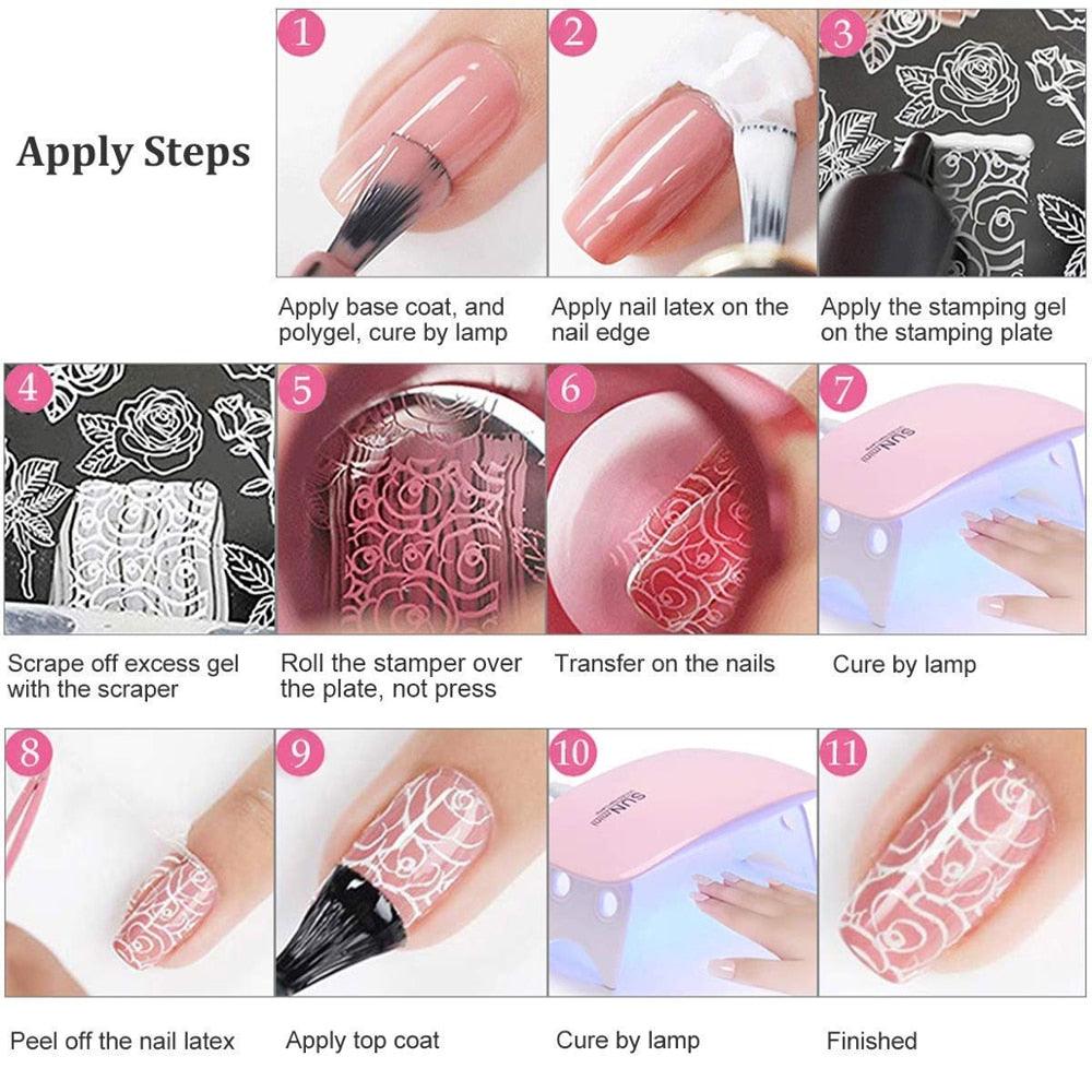 Nail Stamping Gel Set 8 Colors UV Gel Varnish for Nail Art Stamping Plate 4 Boards Black White Nail Gel for Girls and Women