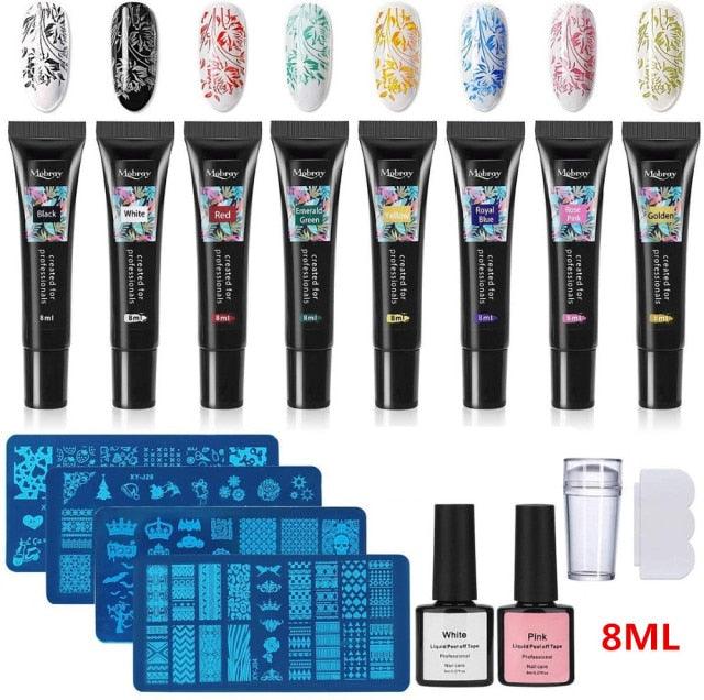 Nail Stamping Gel Set 8 Colors UV Gel Varnish for Nail Art Stamping Plate 4 Boards Black White Nail Gel for Girls and Women
