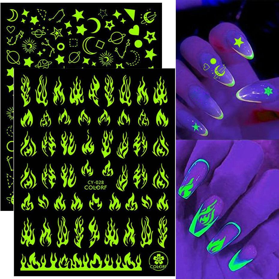 Nail Stickers Back Glue Fluorescent Light Flame Butterfly Moon Love Pattern Designs Nail Decal Decoration Tips For Beauty Salons Glow in Dark Nail Stickers Self-Adhesive Nail Art Decals Butterfly Flower Star Heart Nail Strips Glow Dark Nail Art Manicure