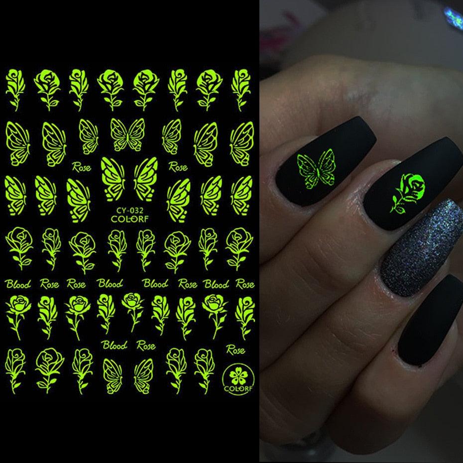 Nail Stickers Back Glue Fluorescent Light Flame Butterfly Moon Love Pattern Designs Nail Decal Decoration Tips For Beauty Salons Glow in Dark Nail Stickers Self-Adhesive Nail Art Decals Butterfly Flower Star Heart Nail Strips Glow Dark Nail Art Manicure