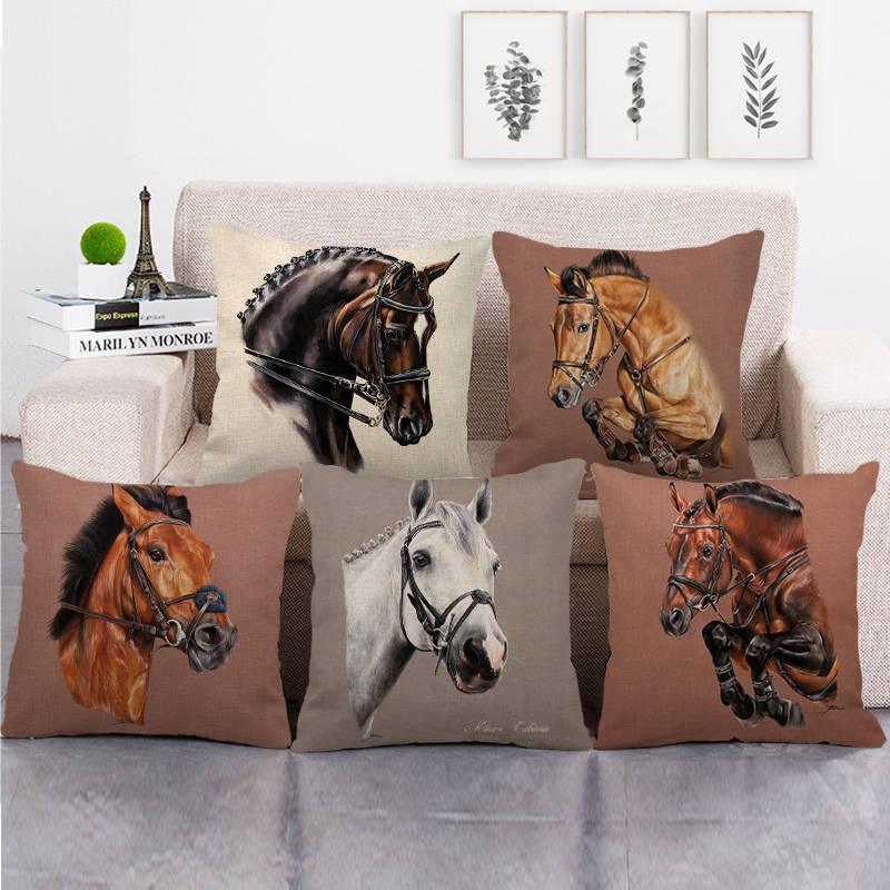New Animal Pattern Pillow Cover Simple Wind Pillow Set Art Home Decorative Throw Pillow Cover Horse Cotton Linen Cushion for Couch Sofa Bedroom Livingroom Kitchen Car Restoring Ancient Ways Horse Head Decorative Cushion Covers 45x45CM