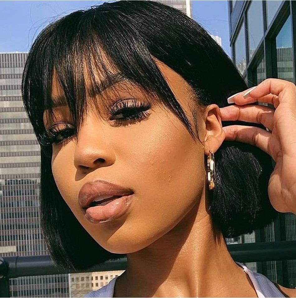 New Arrival Burgundy Red Short Human Hair Wig With Fringe for Women Straight Remy Hair Bob Wigs With Bangs Dark Brown Balayage Color Wigs For Cosplay